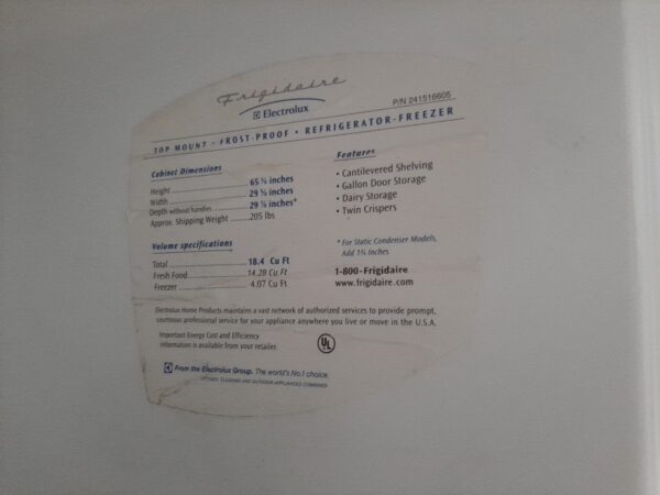 Frigidaire electrolux refrigirator top mount - Image 7