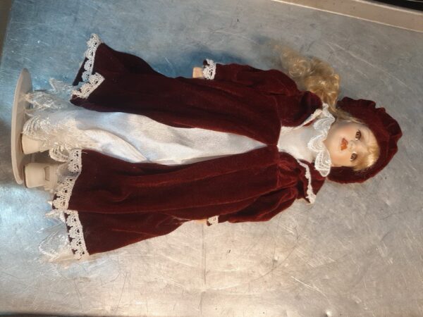 Porcelain Doll Limited Edition- 16" Red Velvet dress with Pearl/Lace; with stand - Image 2