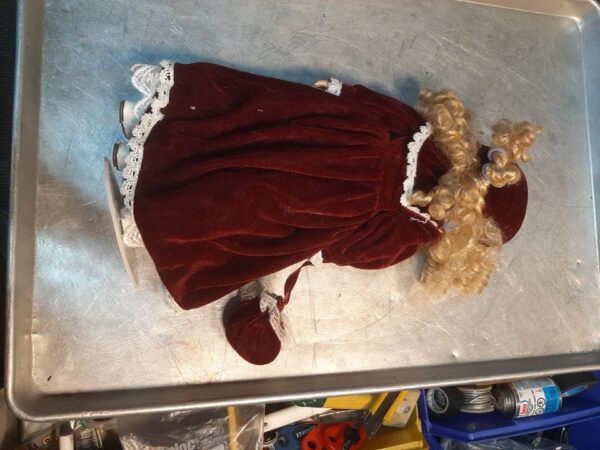 Porcelain Doll Limited Edition- 16" Red Velvet dress with Pearl/Lace; with stand - Image 3