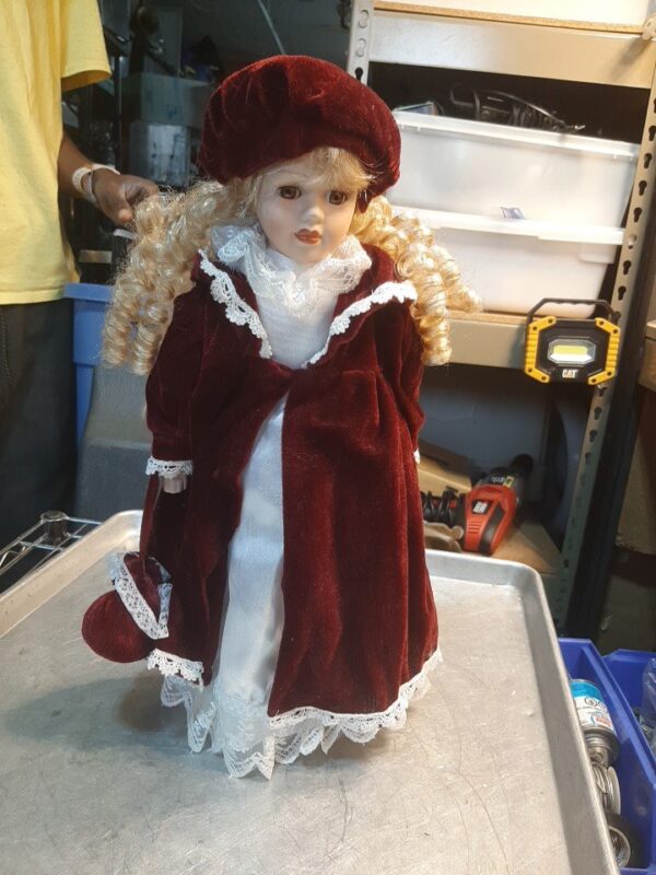 Porcelain Doll Limited Edition- 16" Red Velvet dress with Pearl/Lace; with stand